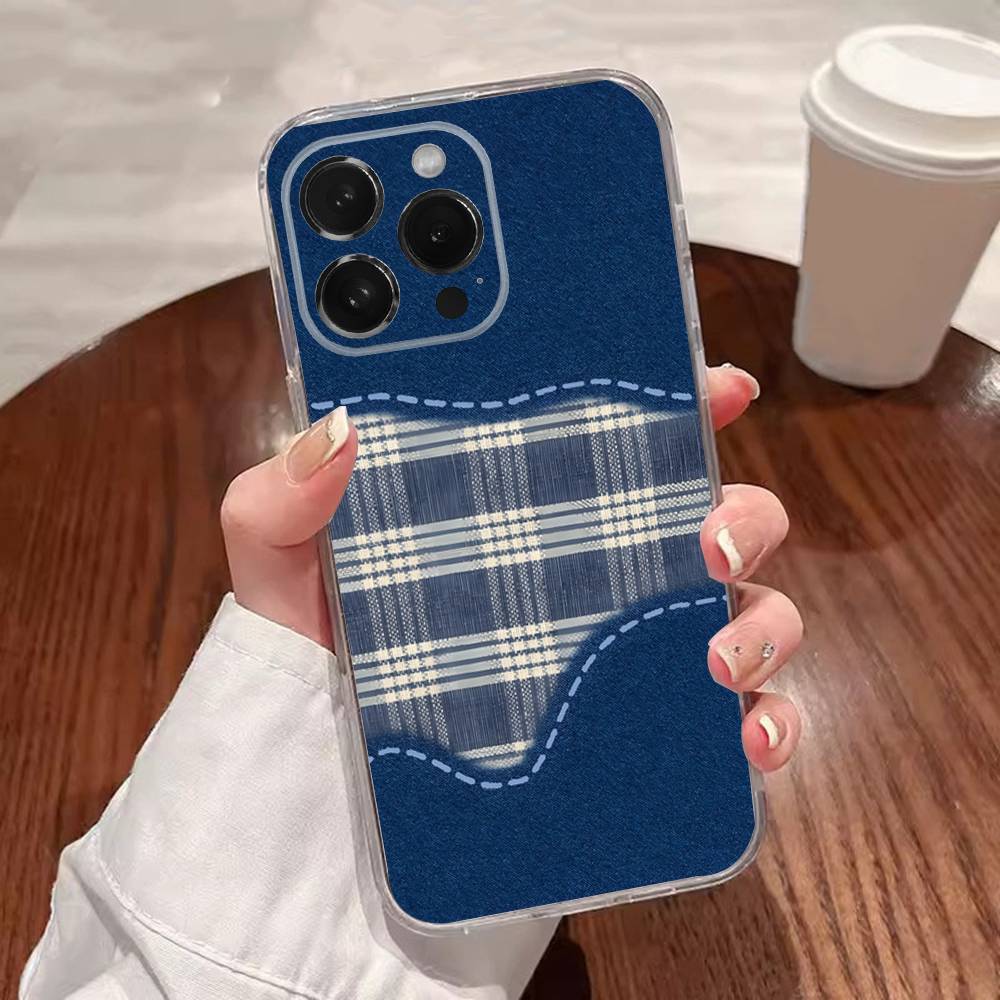 Ins Korean Blue Striped Grid Phone Case For iPhone 17,16,15,14,13,12,11 Plus,Pro,Max,XR,XS,Plus,E,SE4,Mini Transparent Cover