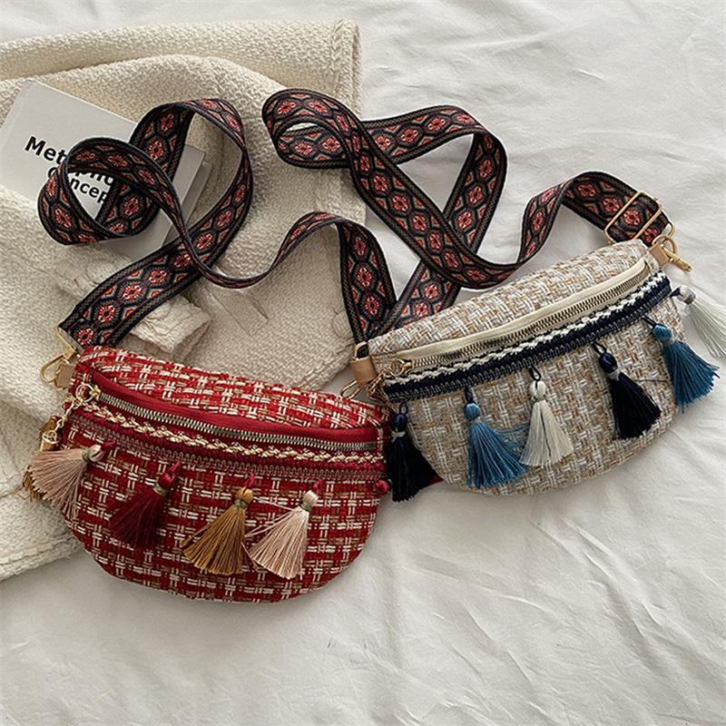 Weave Crossbody Bags Female Tassel Waist Bag Retro Leather Shoulder Packs