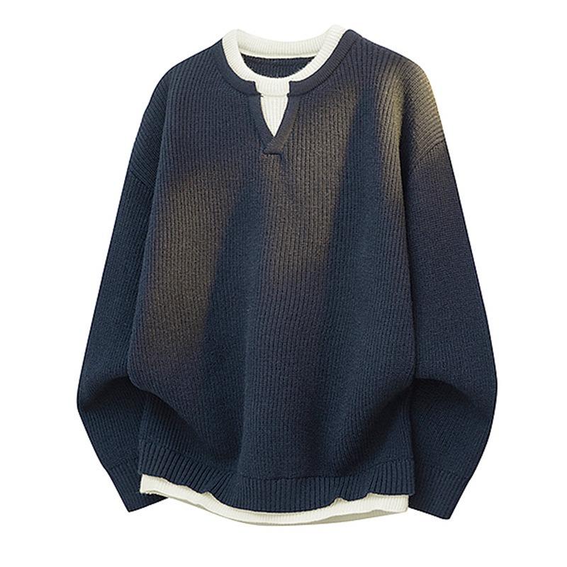 Mens Fake Two Piece Patchwork Thick Knit Loose Pullover Sweater