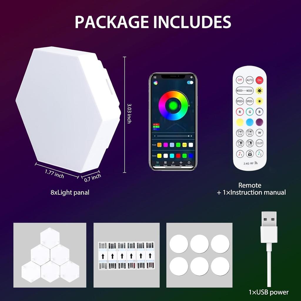 8 Pack Hexagon Light Panels - Smart RGB Hexagon LED Lights Wall Lights with APP & Remote Control Cool Music Sync Gaming Lights for Lving Room,