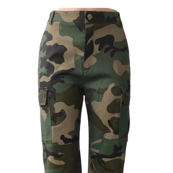 Dame Camo Print Cargobukser Høy Midje Vide Ben Baggy Streetwear Casual Kamuflasje Militærbukser med Lommer