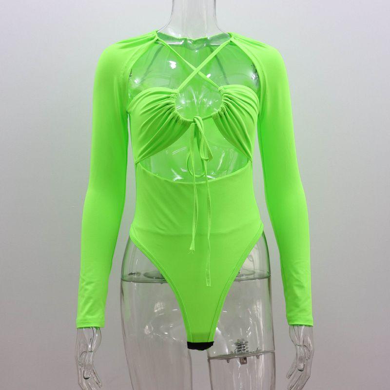 European and American Summer 2023 New Women s Clothing Sexy Hottie Hollow-Out Lace-Up Slim-Fit Elegant Solid Color Long-Sleeve Jumpsuit for Women Fluorescent Green S