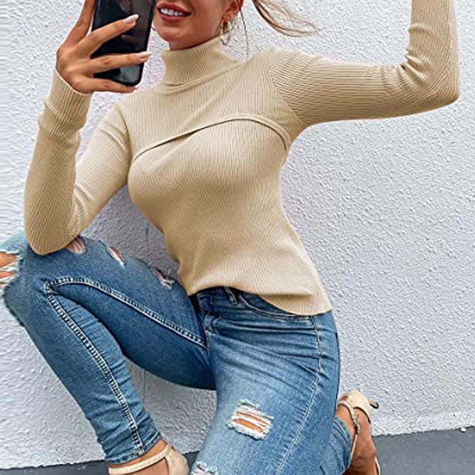 Женский вязаный свитер с высоким воротом длинный рукав мягкий облегающий пуловер однотонные зимние свитера S бежевый 1479₽