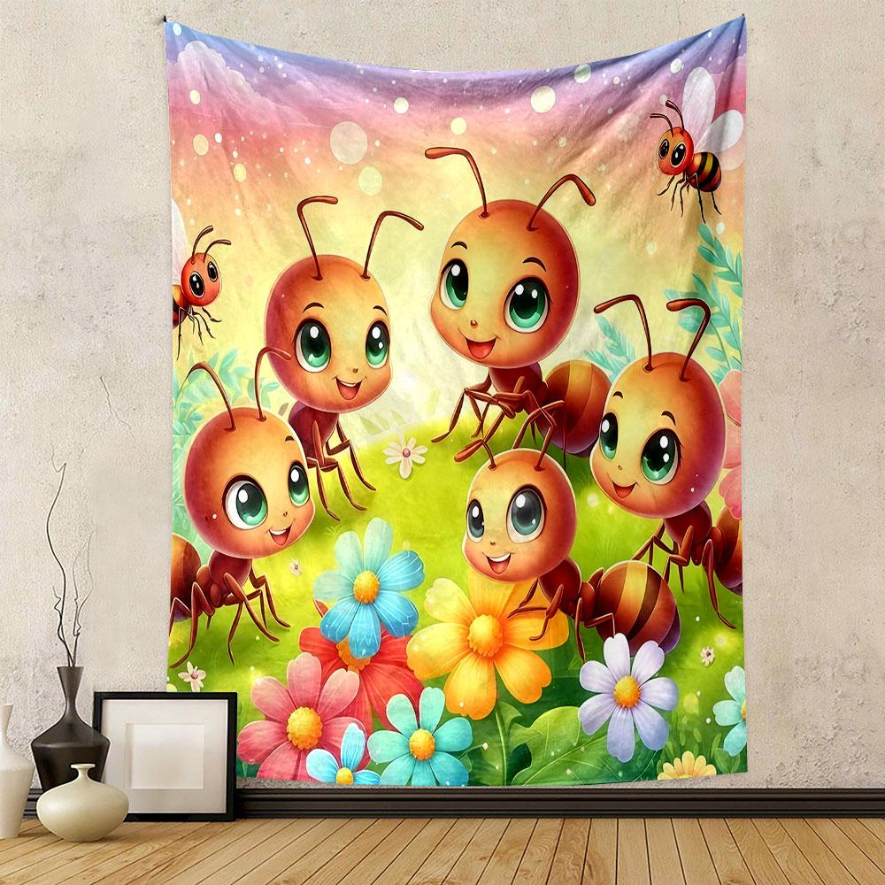 Cute Cartoon Ants in a Colorful Meadow Patterned tapestry home decor, suitable for bedroom and living room, gift