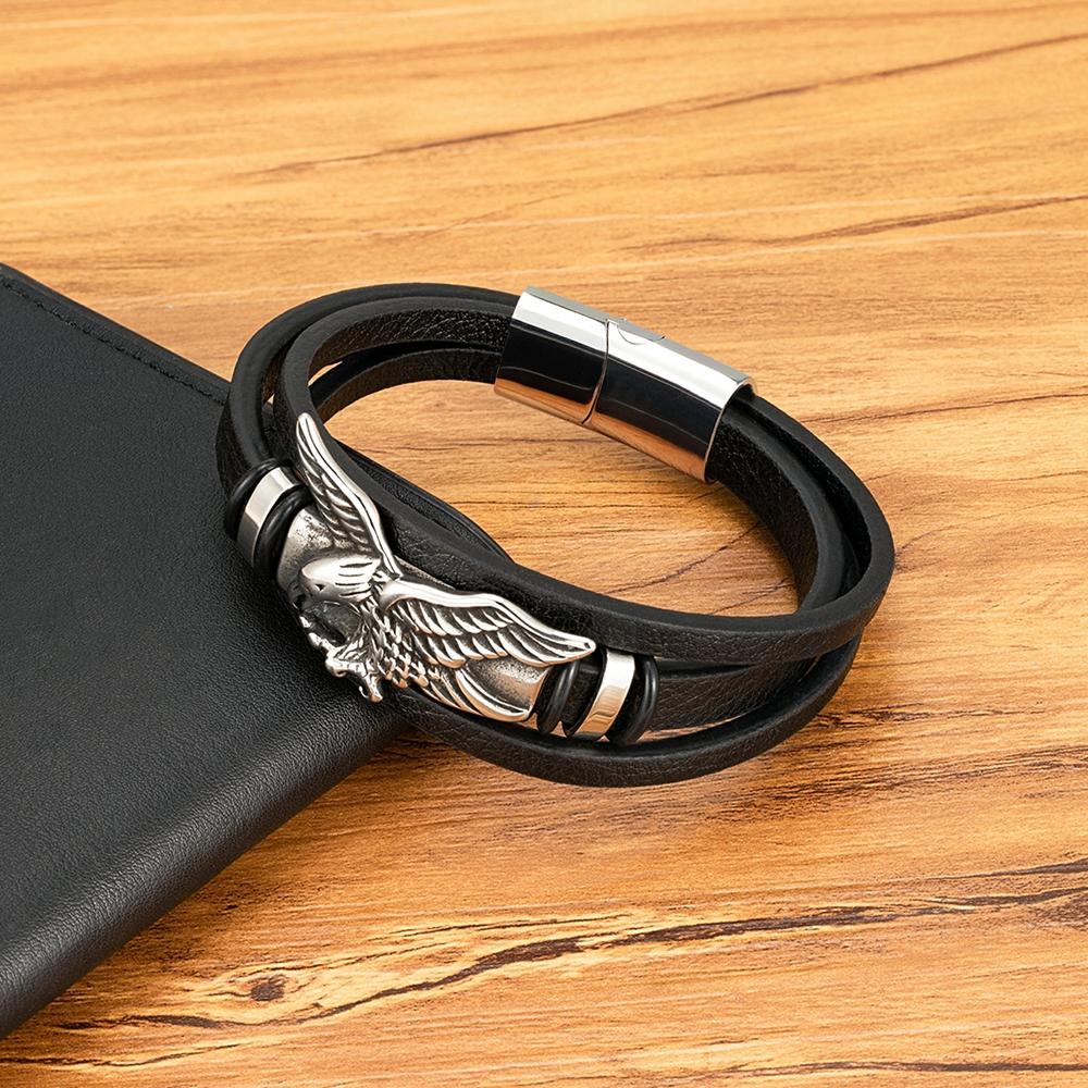 Bracciale Aquila Animale per Uomo Mano Multi-Strati Pelle Nera con Chiusura Magnetica Gioielli Regalo per Fidanzato