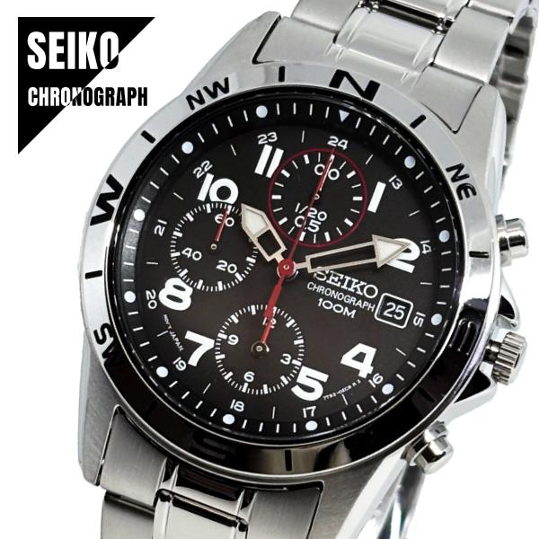 SEIKO Chronograph Japanese black x silver metal SND375P1, movement, band, men's watch