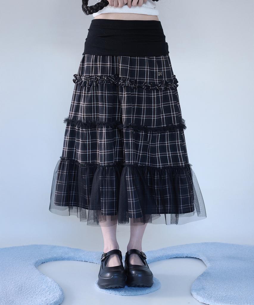 Mileko Folded Check Frill Mesh Sk Black