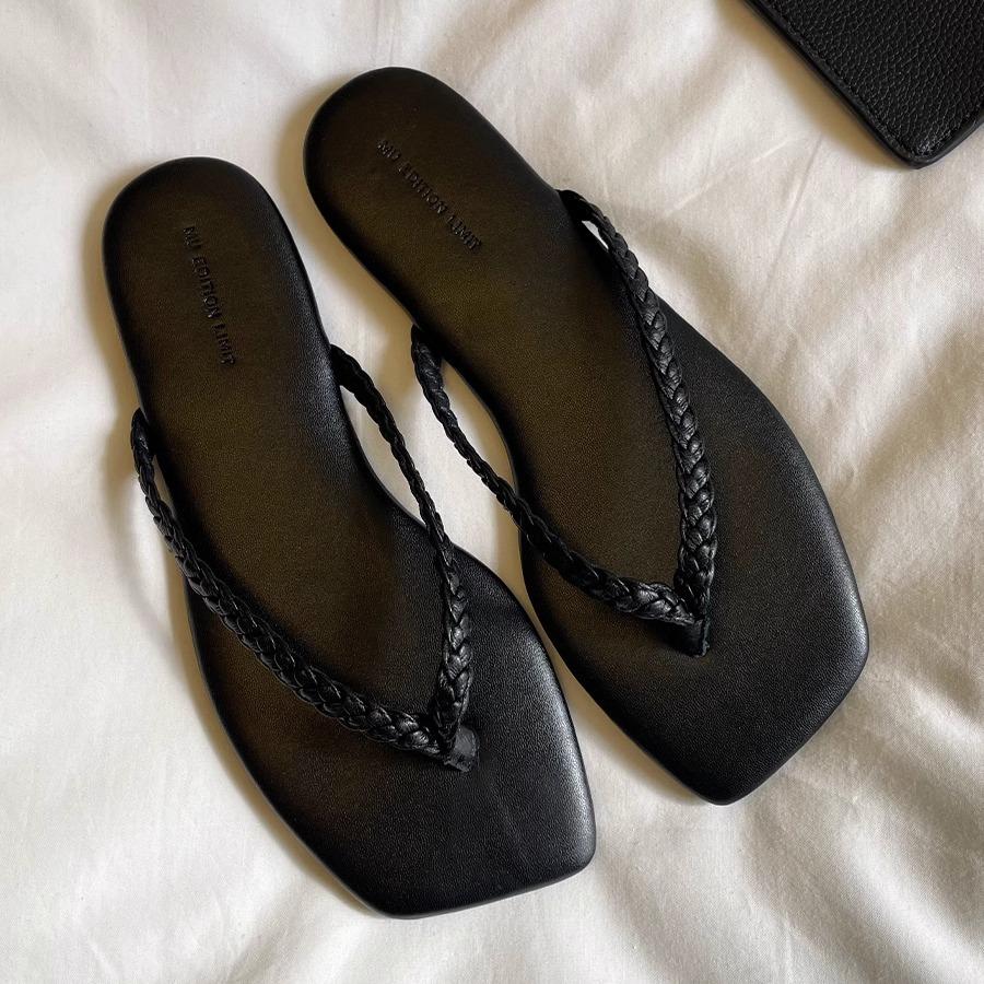 

Sheepskin version woven flat-bottomed slippers women s summer fashion versatile toe simple beach flip-flops wear cool slippers 40