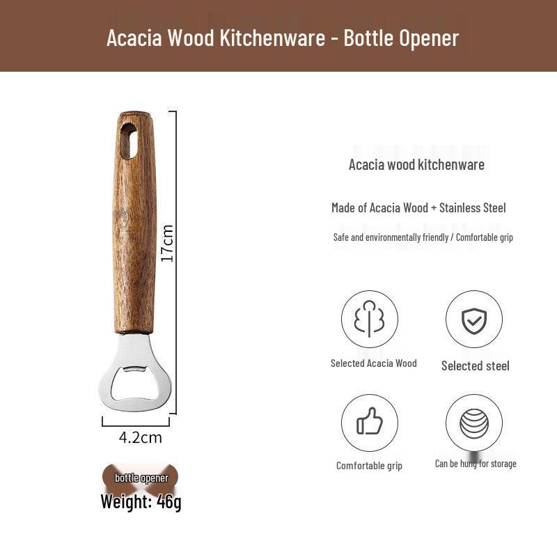 Acacia Wood Kitchen Gadget Set: Peeler, Can Opener, Egg Beater, Pizza Cutter, Cheese Shovel