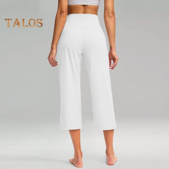 Women Yoga Pants Elastic High Waist Loose Leg Cropped Trousers with Pockets Sporty Casual Style Pants