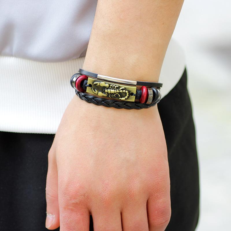 JMXD Genuine Leather Scorpion Charm Braided Wax Cord Adjustable Stretch Bracelet Punk Fashion Accessory Unisex Gift