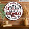 2D Flat, 1pc Round Aluminum Hanging Sign, Vintage 4th of July Metal Wall Art, USA Independence Day Fireworks Design, Perfect for Front Door, Porch