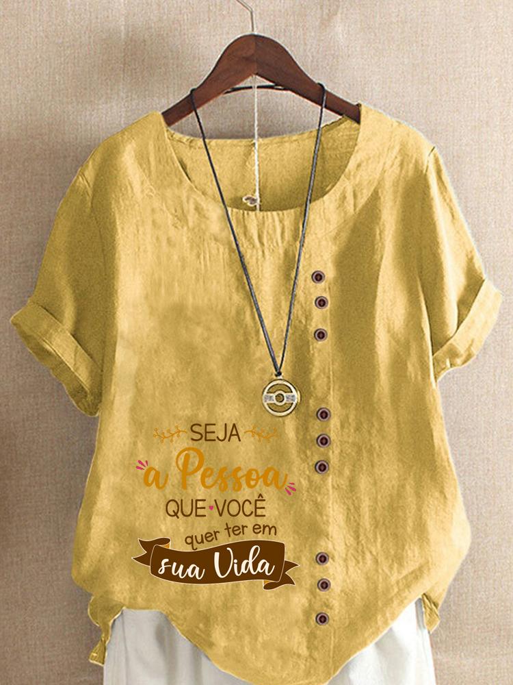 Women's Fashion Letter Print Round Neck Short Sleeve T-shirt Casual Cotton Linen Graphic Shirt Leisure Loose Summer Blouse Tops