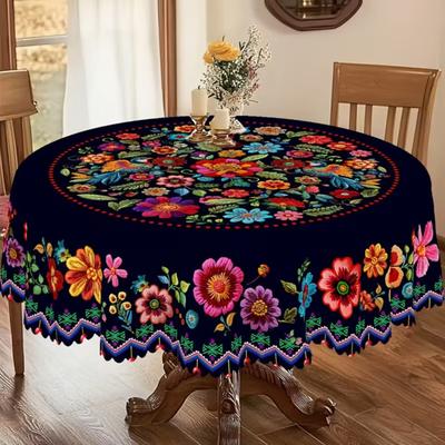Mexikanische Blumige Tischdecke Runde Tischabdeckung mit Zackensaum Buntes Blumen-Volkskunst-Muster Tischdecke für Zuhause Bauernhaus Esstisch