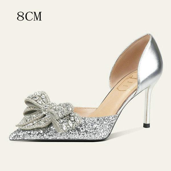 Fashion French Goat Leather Shoes Butterfly Wedding Shoes Women'S Heels Fine Heel Pointed Crystal Wedding Shoes Not Tiring Feet