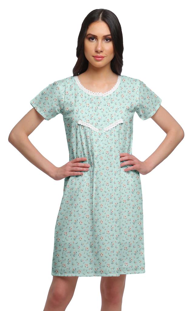 Moomaya Cotton Lace Neckline Sleepwear For Women Button Placket Nightdress