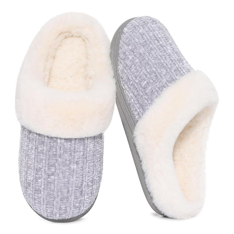 Fashion Shevalues Winter Plush Lining Slippers For Women Cozy Wool-Like Lined Chenille Slippers Memory Foam Fuzzy Warm Indoor Slippers