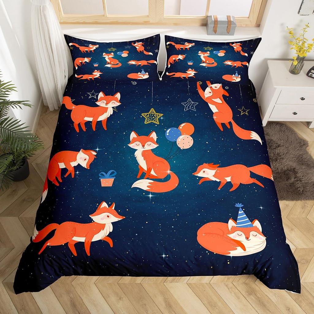 Kids Cartoon Fox Duvet Cover King Queen Orange Animal Bedding Set Girls Teens Bedroom Decor Comforter Cover with 2 Pillow Case
