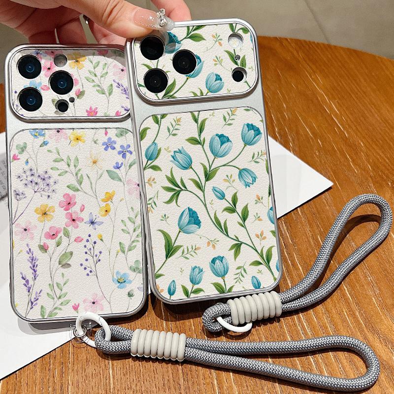 Pink Lily Flower Print Leather Lanyard Case For iPhone 18 Pro Max 17 16 15 14 13 Pro Max Luxury Hybrid TPU+PU Anti-skid Soft Phone Cover