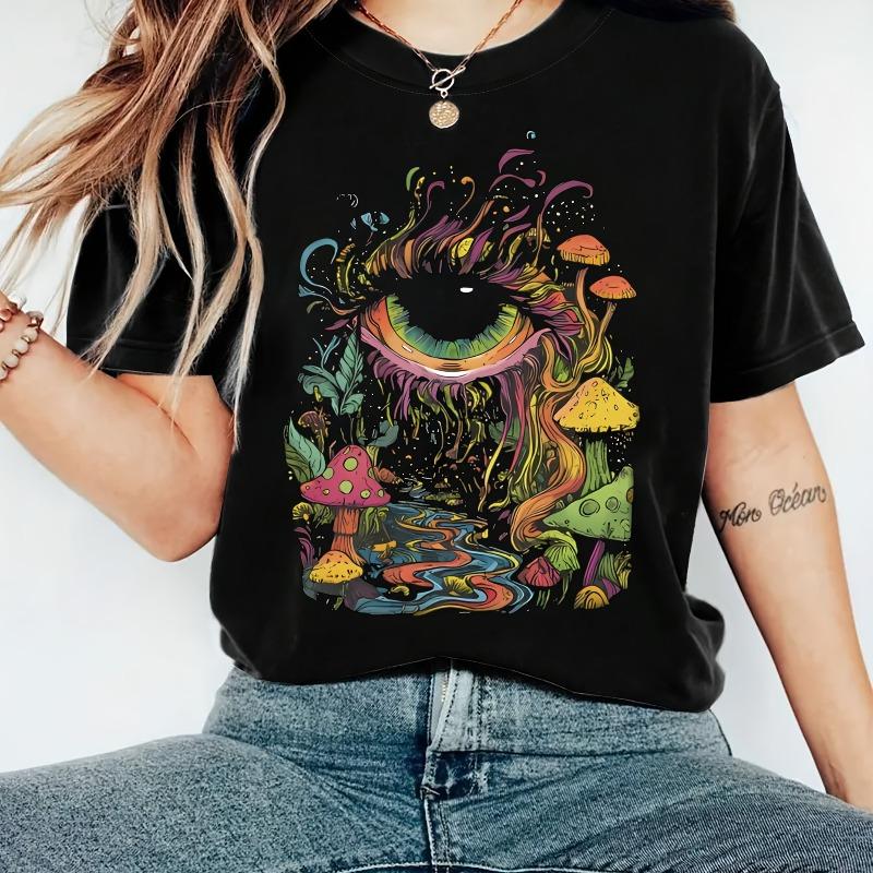 

Mysterious Eye and Fantasy Mushroom Dream Pattern Tshirt Short Sleeve Casual Round Neck Top SpringSummer Womens Wear S