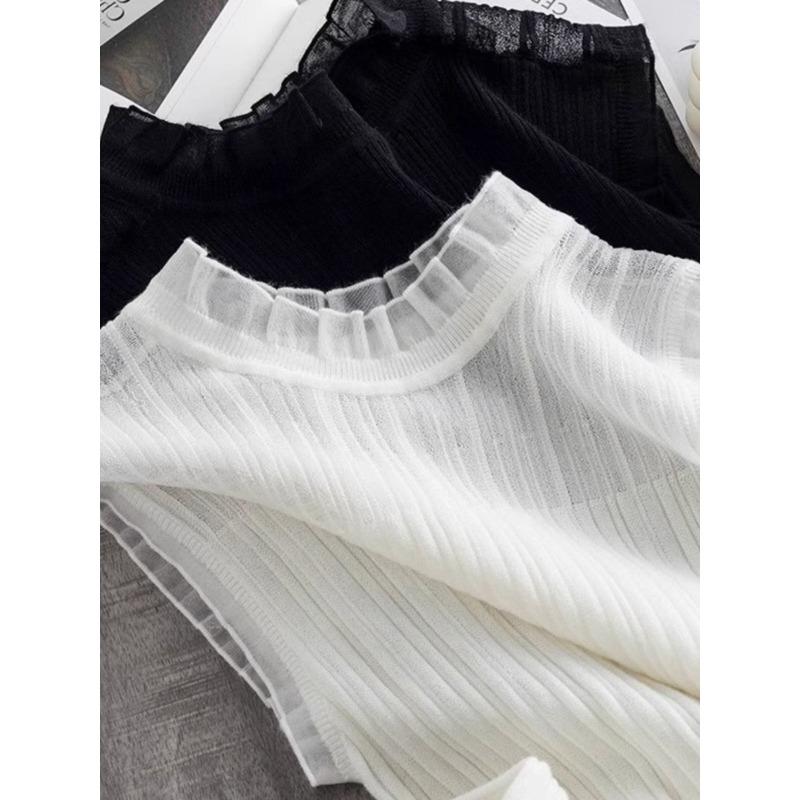 Gilet Tricoté Sans Manches en Dentelle Élégant avec Col Haut en Maille Chemise de Base pour Femme pour le Port Intérieur