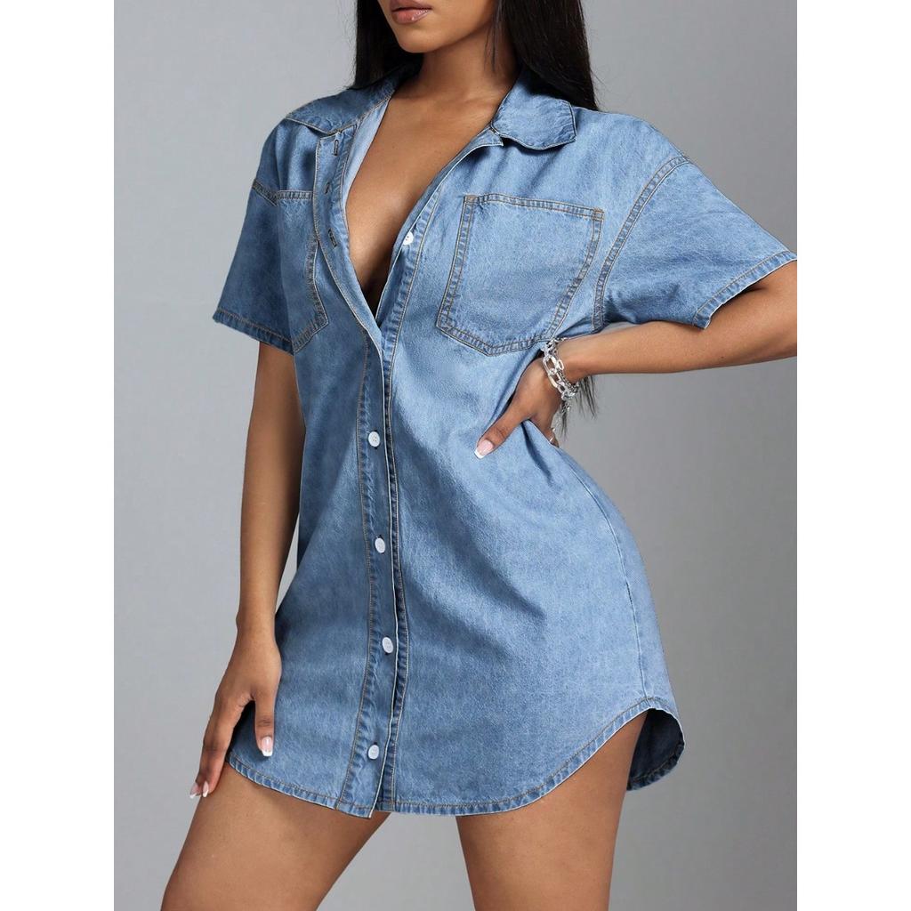 Women's Clothing, Lapels, Short Sleeves, Loose Fit, Denim Shirts, Dresses