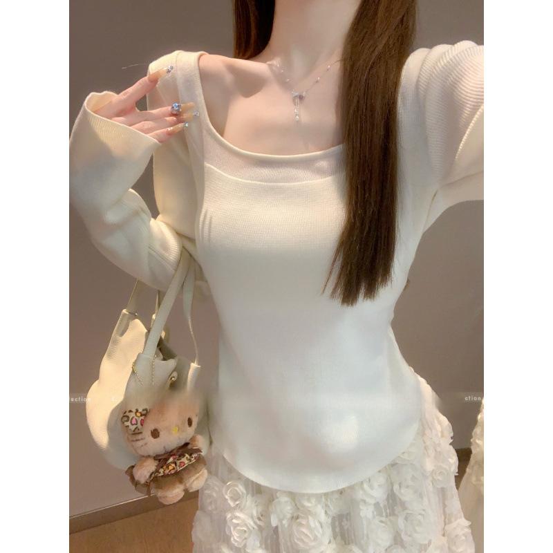 

Полупрозрачный топ с большим вырезом и низким вырезом, женский раннеосенний внутренний свитер, тонкий вязаный свитер-топ one size fits all абрикосовый