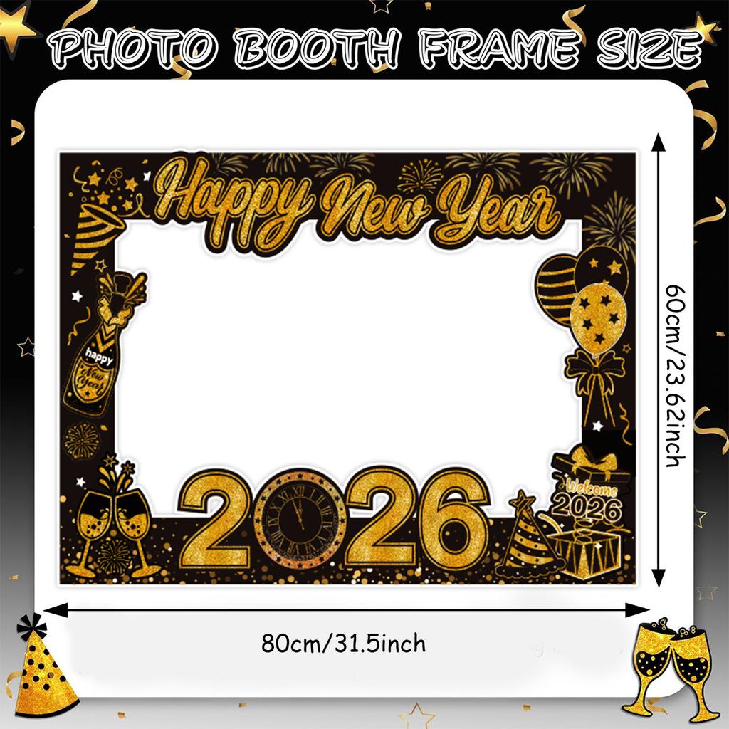 Photo Booth Props Black Gold Selfie Frame 2026 New Year Decorations Fun Party Photo Props Set For New Year Parties Family Photos