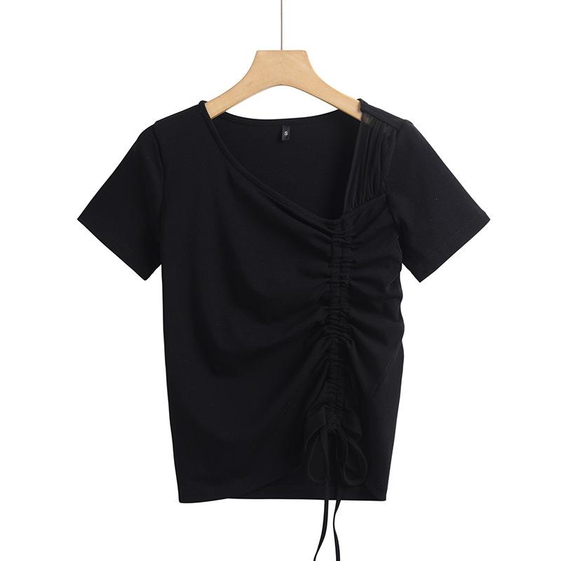 

Весенняя и летняя одежда 2024, сетчатый сетчатый воротник со складками и складками, модная женская футболка с короткими рукавами, корейская облегающая футболка XXXL чёрный