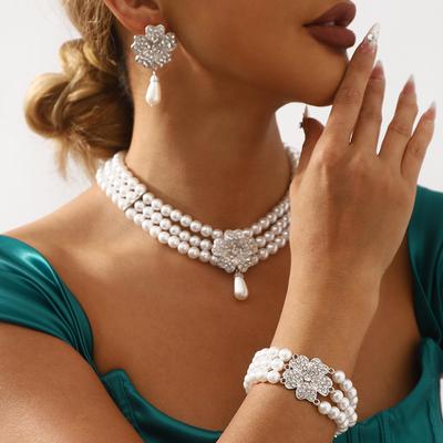 Tooxika French Temperament Flowers And Diamonds Accessories White Pearl Earrings Necklace Bracelet Set Of Three Bridal Jewellery