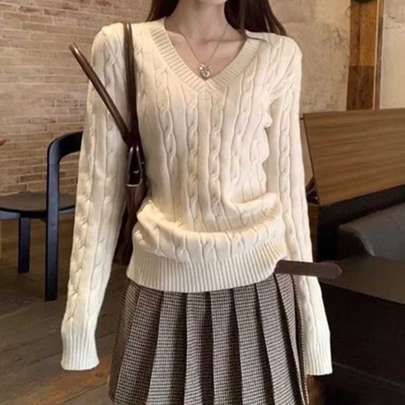 V-Neck Twist Women Sweater Knit Autumn Winter Casual Top Solid Color Loose Fit Korean Style Long Sleeve Fashion Sweaters Simple Clothing