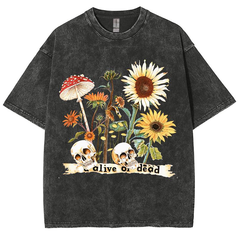 Women Cartoon T-Shirt Vintage Sunflower Print Washed With Water Short Sleeve Tees Couple Streetwear Loose Clothes Tops