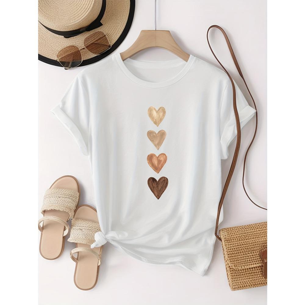 Women's Casual Short Sleeve T-Shirt with Four Heart Graphic Print - Black & Golden, Medium Stretch Round Neck