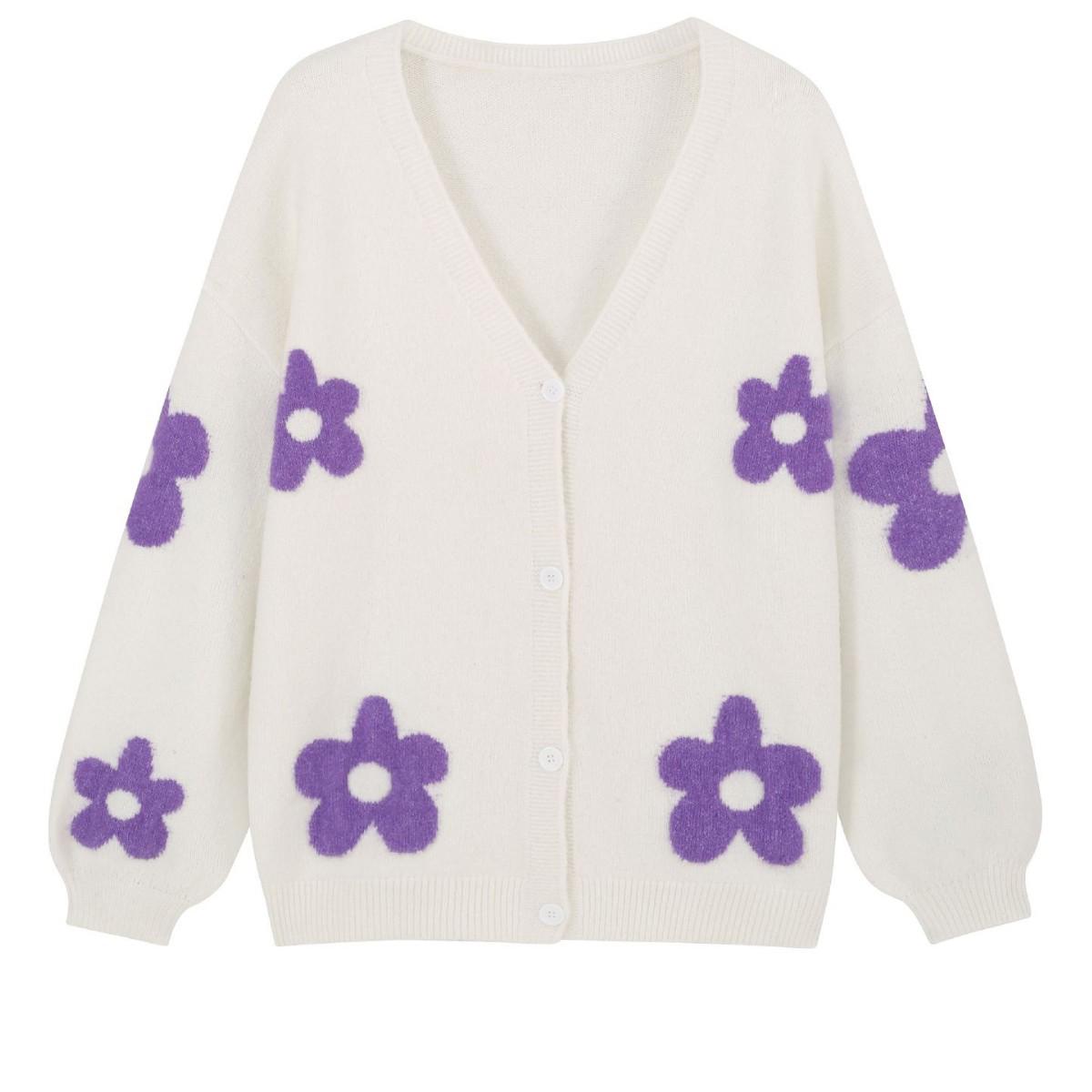 Plus Size V-neck Jacquard Floral Knit Cardigan - European & American Style Autumn/Winter Women s Outerwear. L
