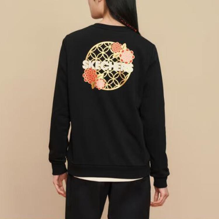 Skechers New Year Series Letter Print Round Neck Casual Sports Pullover Sweatshirt Women Sweatshirt Carbon-Black L122W072-0018