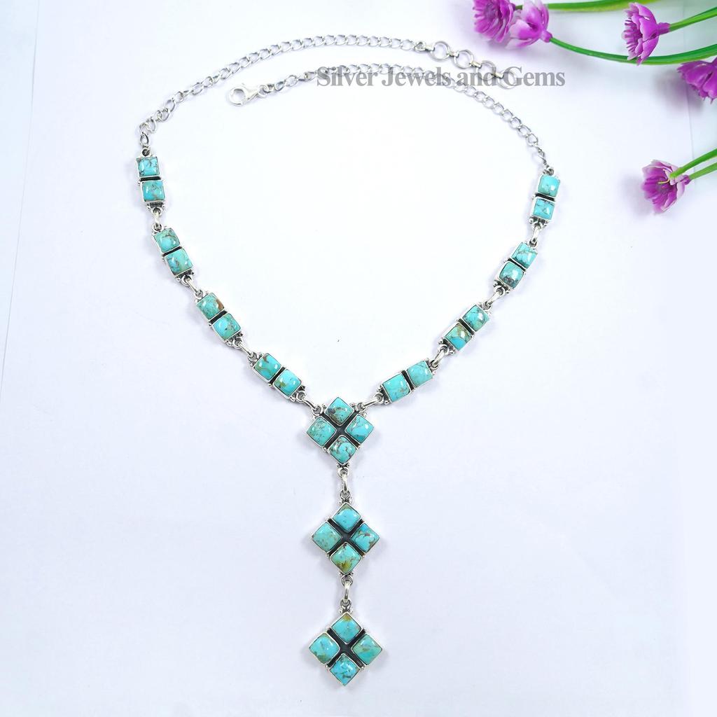 Arizona Turquoise Statement Lariat Necklace: Handmade Sterling Silver Multi Stone Necklace