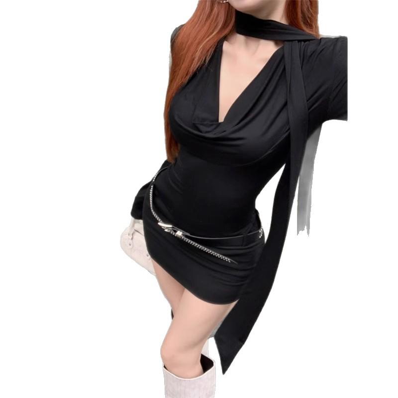 Spring 2026 Spicy Girl Bodycon Halter Dress for Women – Slimming, Hip-Hugging, Draped Hem, Short Skirt