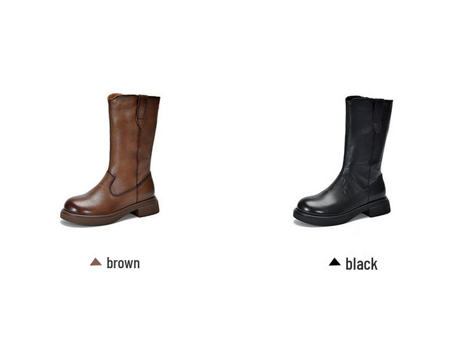 Botki jeździeckie do połowy łydki z prawdziwej skóry z bocznym zamkiem błyskawicznym, 2025 Jesień/Zima, ocieplane polarem, damskie kozaki na średnim obcasie ze skóry bydlęcej.