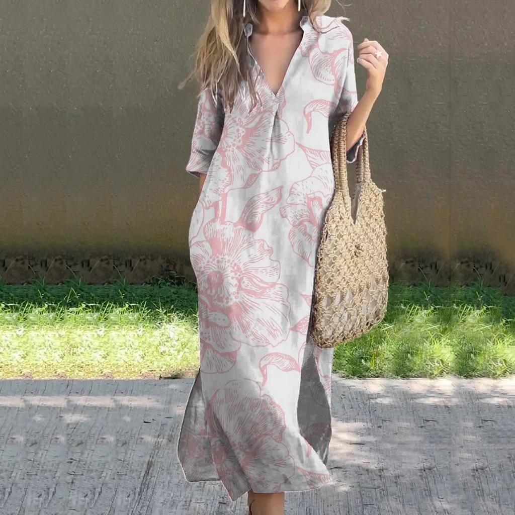 Women's Casual Summer Loose Skirt Slit V-Neck Printed Dress