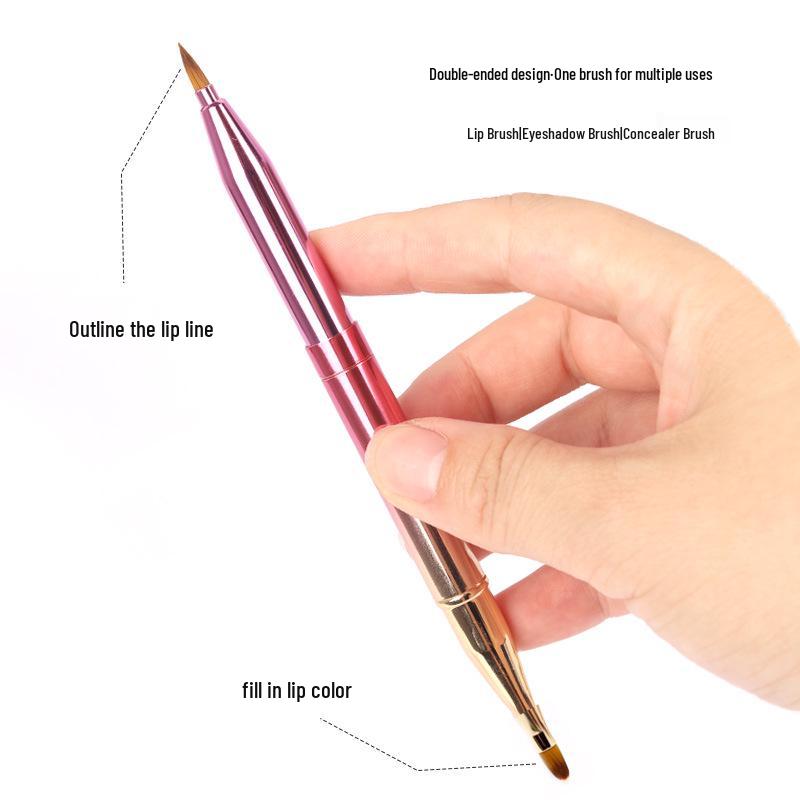 Double-Ended Retractable Lip Brush with Cap - Portable, Colorful Metal Design for Makeup Artists