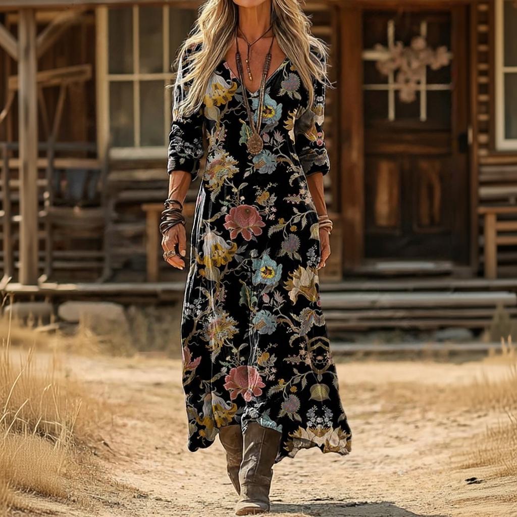 Women's Vintage Ethnic Floral Print Long Sleeve Dress Bohemian Vacation Beach Maxi Dress with V Neck and Relaxed Fit