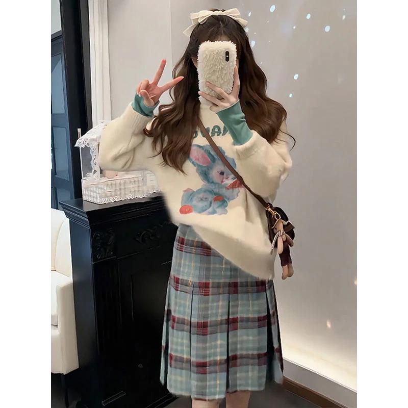 

2025 Autumn/Winter Korean High Neck Rabbit Plush Sweater & Pleated Skirt Set for Women 3XL [140-160 kg]