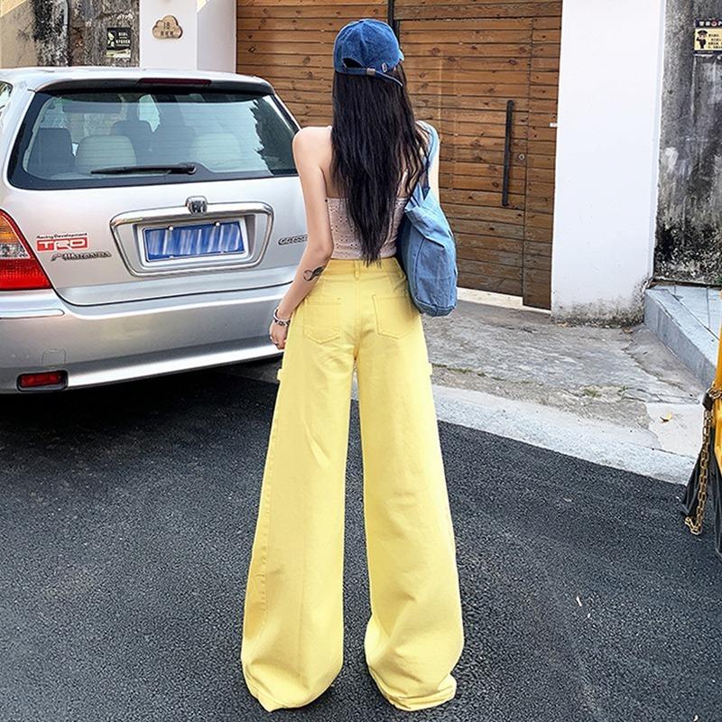 Womens High Waist Yellow Cargo Wide Leg Jeans Casual Loose Flare Denim Trousers Streetwear