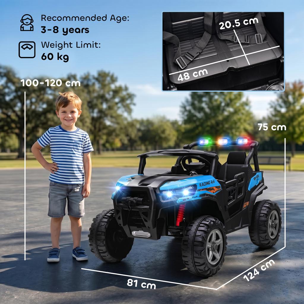 24V Electric Ride On Car, 2-Seater Electric Car for Kids with Remote, Bluetooth, Soft Start, Suspension Spring, Blue