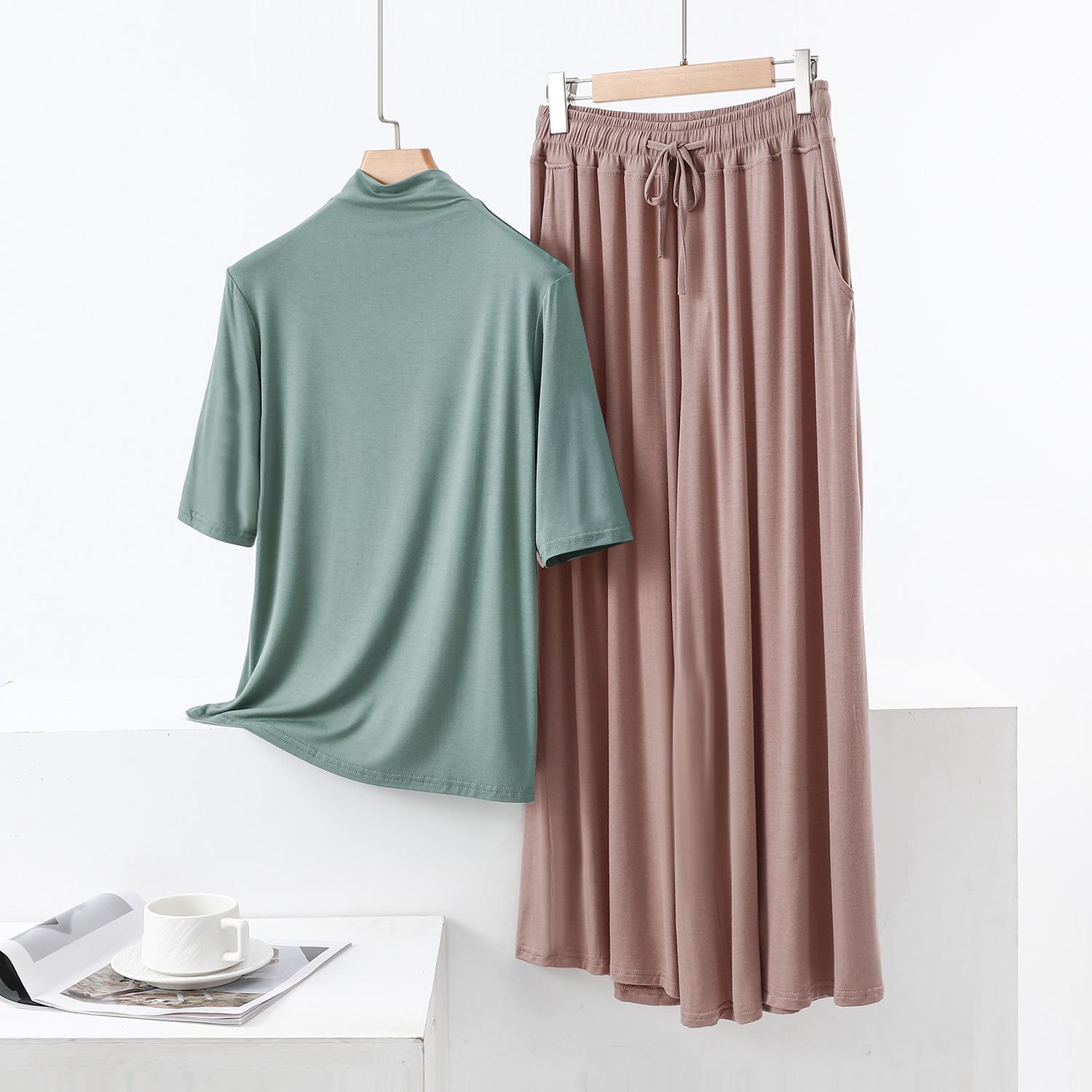 

Модальная футболка с полувысоким воротником и рукавом пять четвертей и широкие брюки с карманами, повседневный двухпредметный комплект большого размера для женщин XL