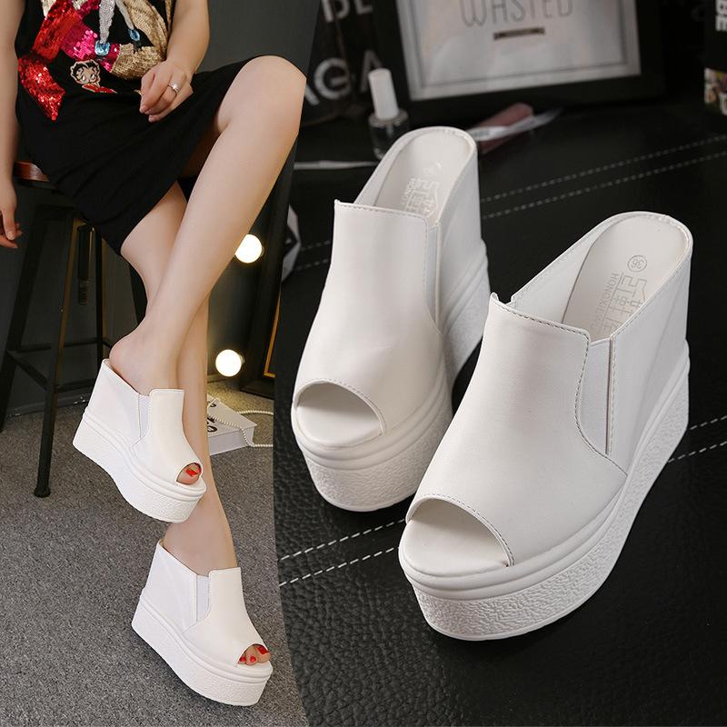 Fashion FHC14cm High Heels Wedges Sandals,Summer Shoe,Platforms Slides,Peep Toe Slippers,Microfiber Leather Slip On,Black,White,Dropship