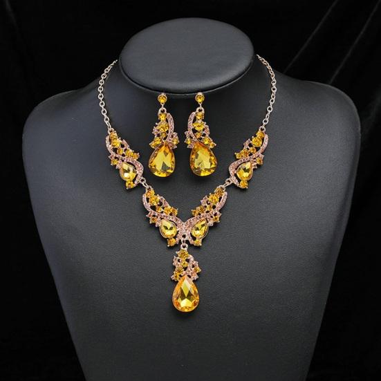 Women Necklace Earrings Rhinestone Luxury Hollow Symmetric Retro Set Out Anti-allergy Hanging Earrings Bridal Wedding