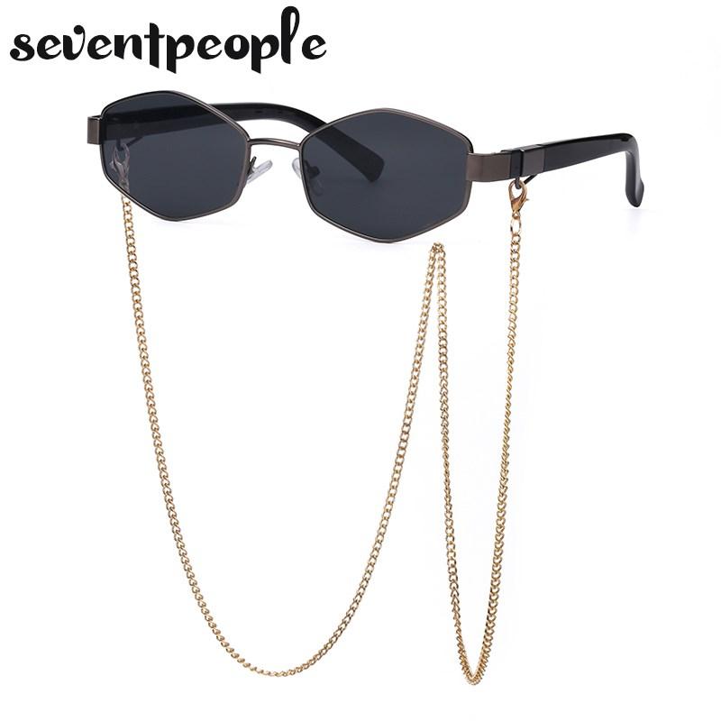 Fashion Small Irregular Sunglasses Women  Luxury Brand Designer Trendy Polygonal Sun Glasses Ladies with Metal Eyewear Chain