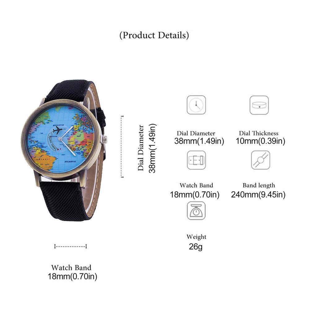 Fashion Retro Belt Quartz Watch Airplane Second Hand Map Watch Unisex