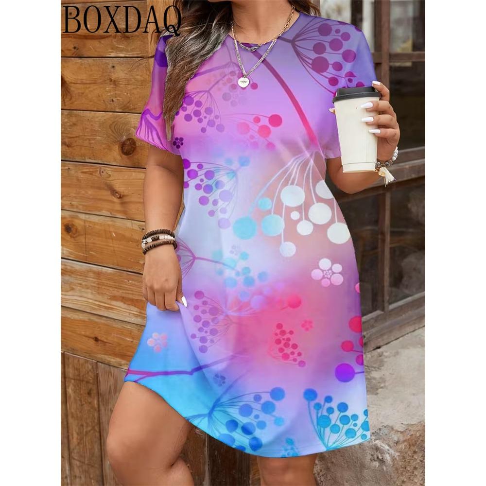 Flower Pattern Printed Round Neck Short Sleeved Loose A-line Women's Summer Dress 2026